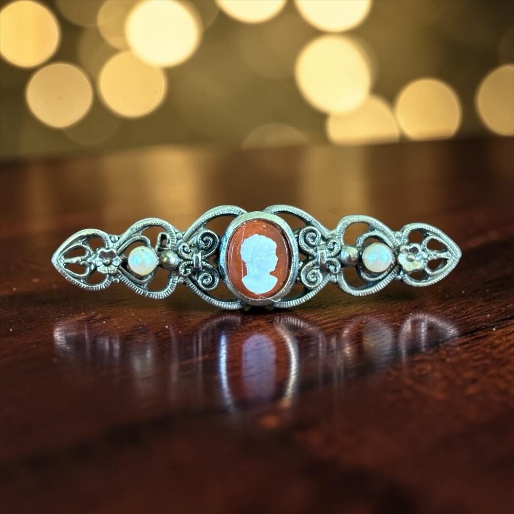 Victorian Revival Cameo Brooch Faux Opal Filigree Bar Pin